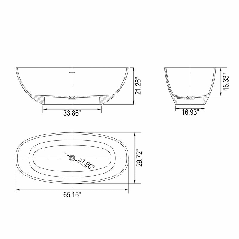 65.2" Freestanding Solid Surface Soaking Bathtub For Bathroom - Matte White, photo 11 of 11