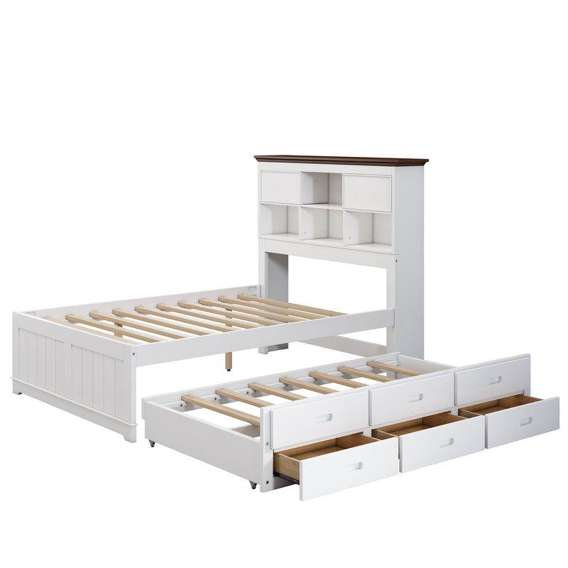 3 Pieces Wooden Captain Bedroom Set Full Bed with Trundle, Nightstand and Dresser, White + Walnut