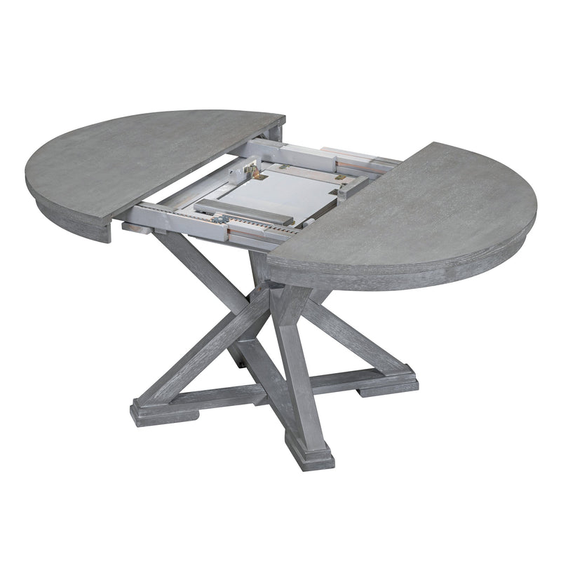 5-Piece Retro Functional Dining Table Set Extendable Round Table and 4 Upholstered Chairs for Dining Room and Living Room (Grey)