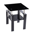 2-Piece Tempered Black Glass Sofa Table, Black Noghtstand with Metal Leg for Living Room