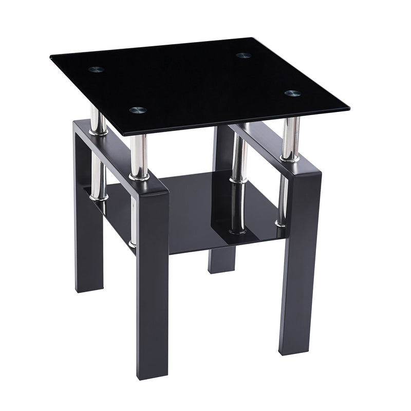 2-Piece Tempered Black Glass Sofa Table, Black Noghtstand with Metal Leg for Living Room