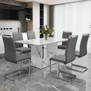 A simple dining table. A dining table with a white marble pattern. 6 PU synthetic leather high backrest cushioned side chairs with C-shaped silver metal legs. DT-SQ-16090-wh