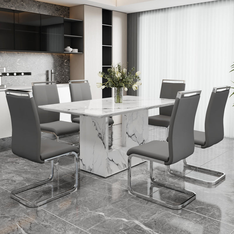 A simple dining table. A dining table with a white marble pattern. 6 PU synthetic leather high backrest cushioned side chairs with C-shaped silver metal legs. DT-SQ-16090-wh