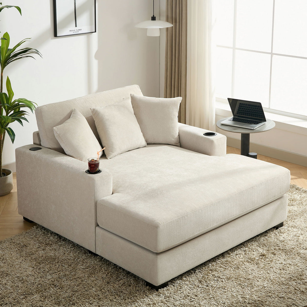Oversized Chaise Lounger Modern Style Sofa Couch With Pillows, Charge Station & Cup Holders, photo 20 of 23