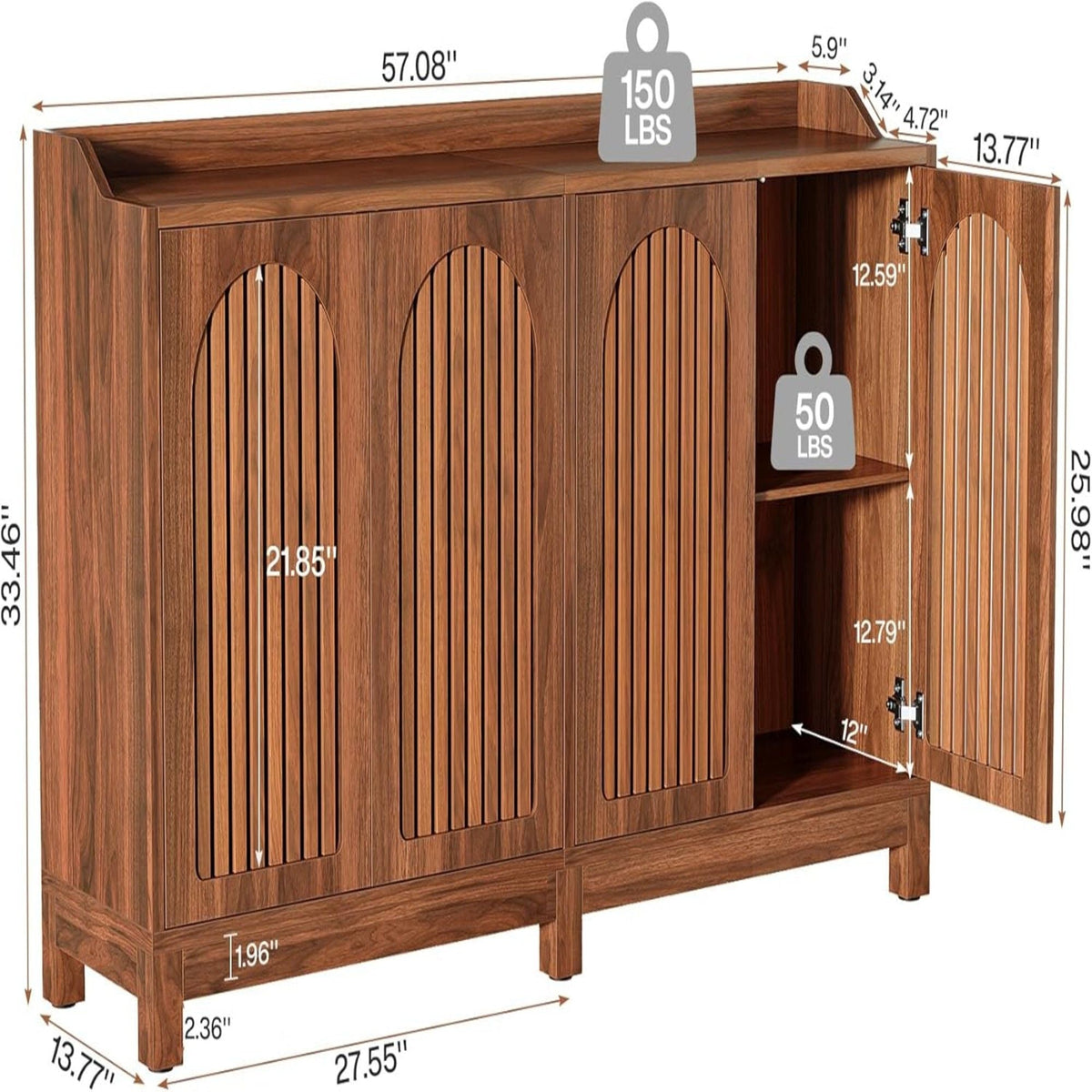 Sideboard Buffet Cabinet With 4 Doors & Shelves, Credenza Table For Dining Room - Brown, photo 13 of 14