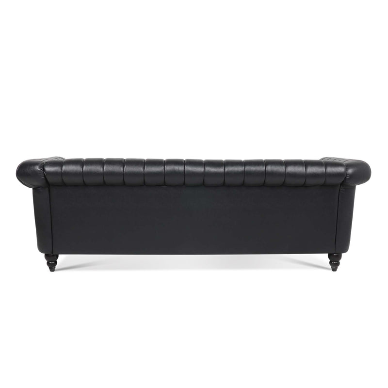 83.46" Black PU Rolled Arm Chesterfield Three Seater Sofa.