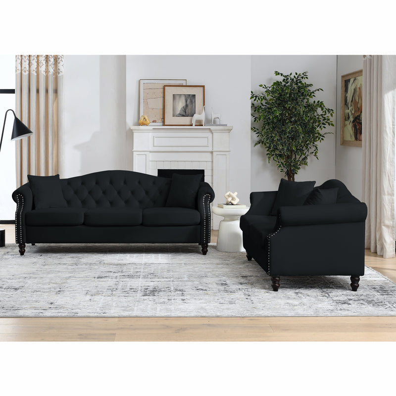 79" Chesterfield Sofa Black Velvet for Living Room, 3 Seater Sofa Tufted Couch with Rolled Arms and Nailhead for Living Room, Bedroom, Office, Apartment, 3S+2S
