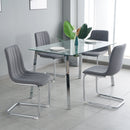 51.1" Table and chair set, one table and four chairs. Clear tempered glass table top, 0.3" thick, silver metal legs. fabric chair with electroplated metal legs.