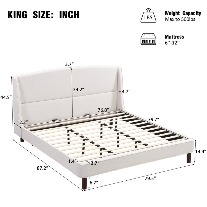 King Size Bed Frame Upholstered Platform Bed with Wingback Headboard,Beige