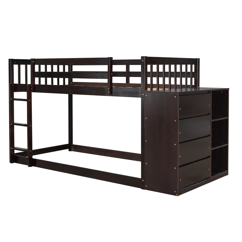 Twin over Twin Bunk Bed with 4 Drawers and 3 Shelves-Espresso