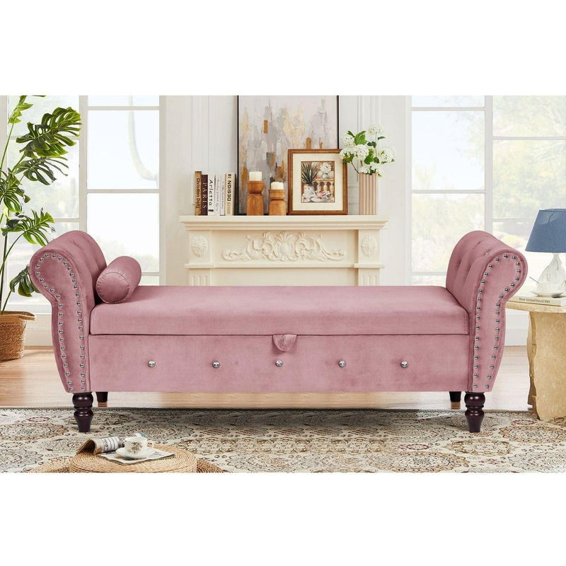 63.38"Velvet Multifunctional Storage Rectangular ottoman bench Comes with crystal buckle Solid Wood Legs with 1 Pillow,Pink