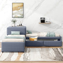 L Shaped Upholstered Platform Bed With Trundle And 2 Drawers Linked With Built In Desk
