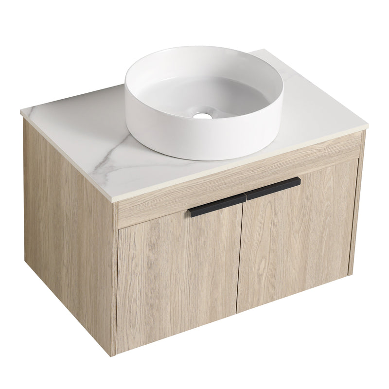30" Modern Design Float Bathroom Vanity With Ceramic Basin Set, Wall Mounted White Oak Vanity With Soft Close Door, KD-PackingD-Packing Pieces