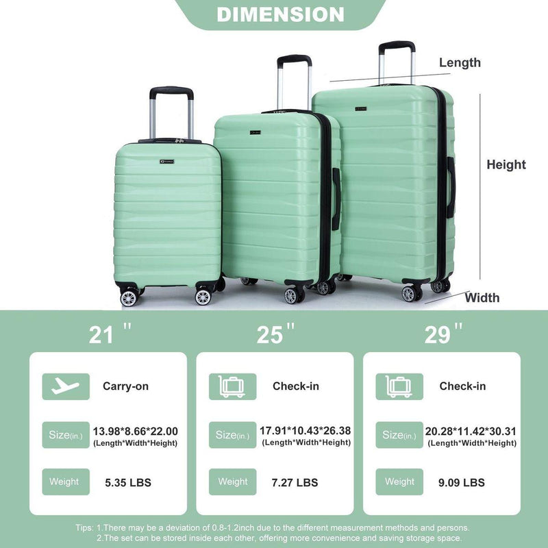 3 Piece Luggage Sets PC Lightweight & Durable Expandable Suitcase with Two Hooks, Double Spinner Wheels, TSA Lock, (21/25/29) Light Green