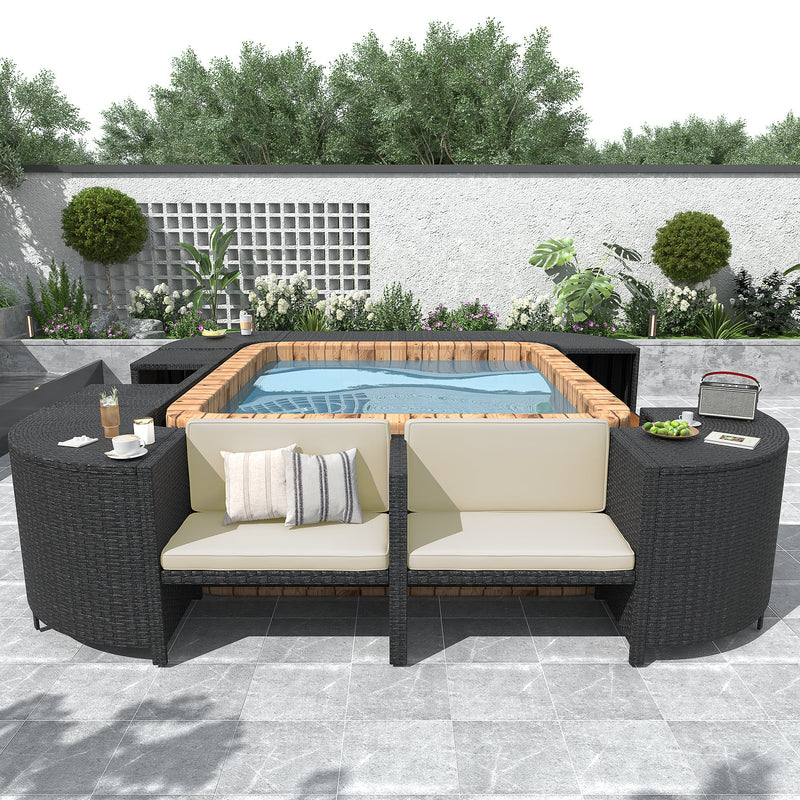 Walker Edison - Spa Surround Spa Frame Quadrilateral Outdoor Rattan Sectional Sofa Set with Mini Sofa,Wooden Seats and Storage Spaces, Beige