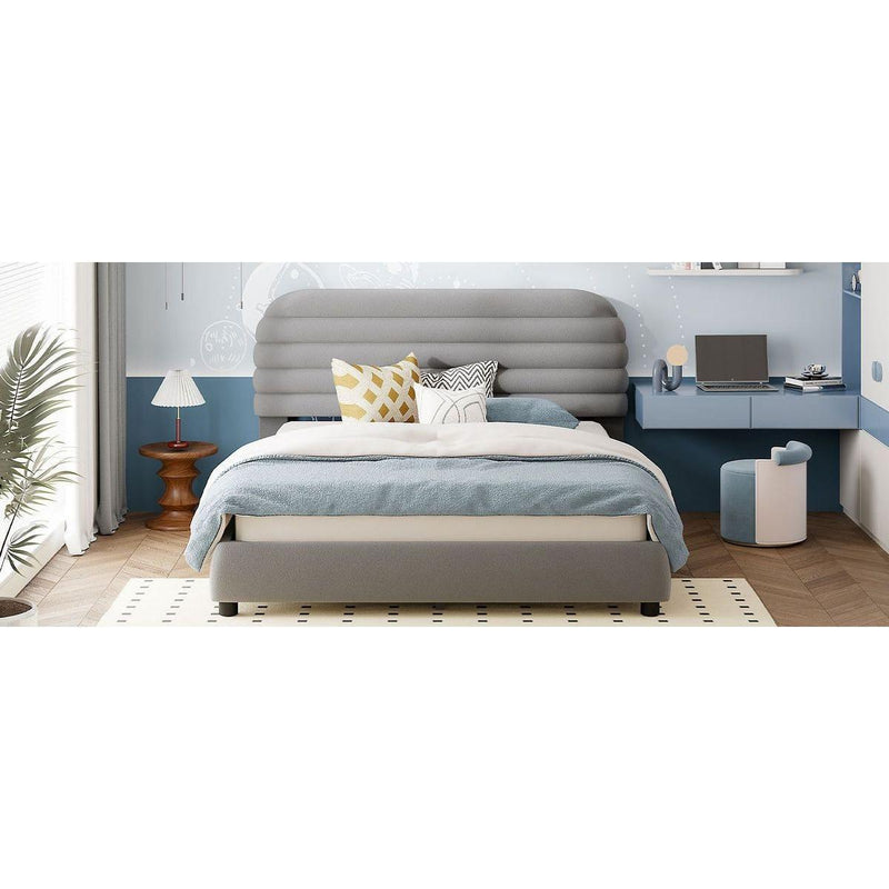Queen Size Velvet Upholstered Platform Bed,Solid Frame and Stylish Curve-shaped Design, Gray