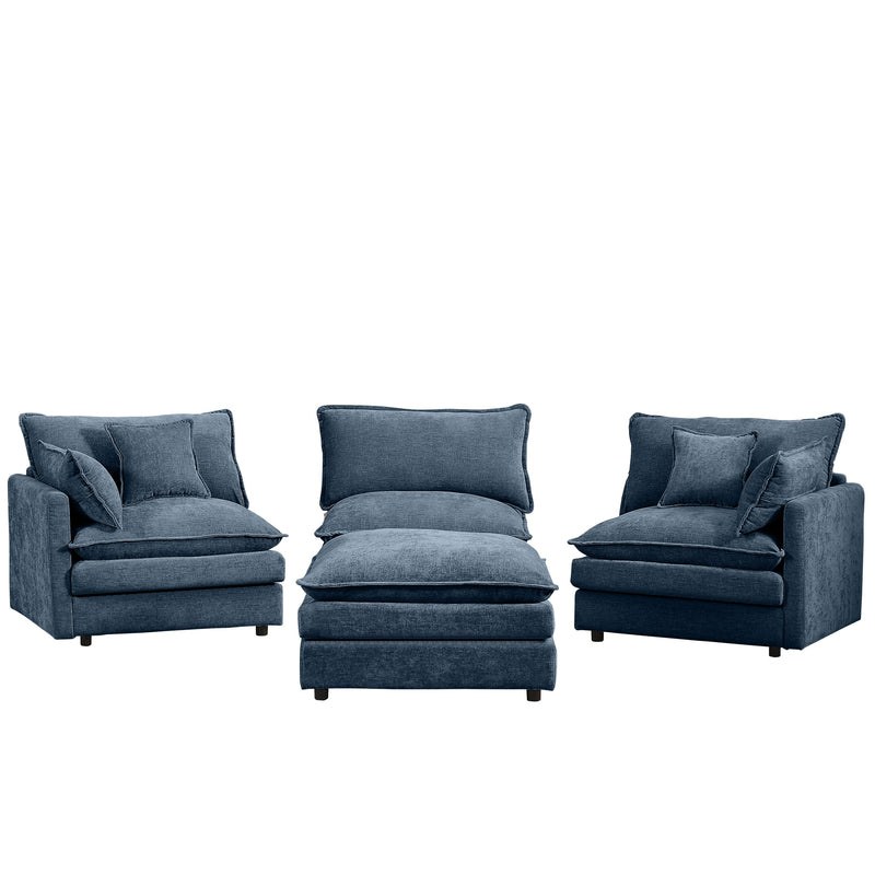 Modern Modular Sectional Sofa 105-Inch L-Shaped Couch Set with Movable Ottoman in Blue Chenille