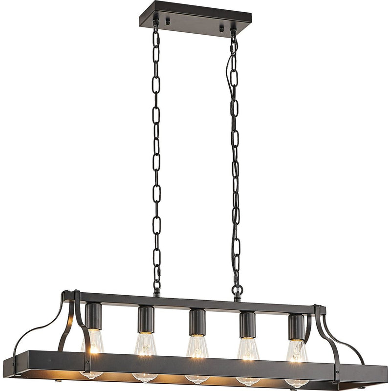 34-Inch Black Industrial Pendant Light with 5 E26 Bulb Sockets, Adjustable Chain Height – Modern Farmhouse Linear Chandelier for Dining Room, Kitchen Island, or Living Room (Bulb Not Included)