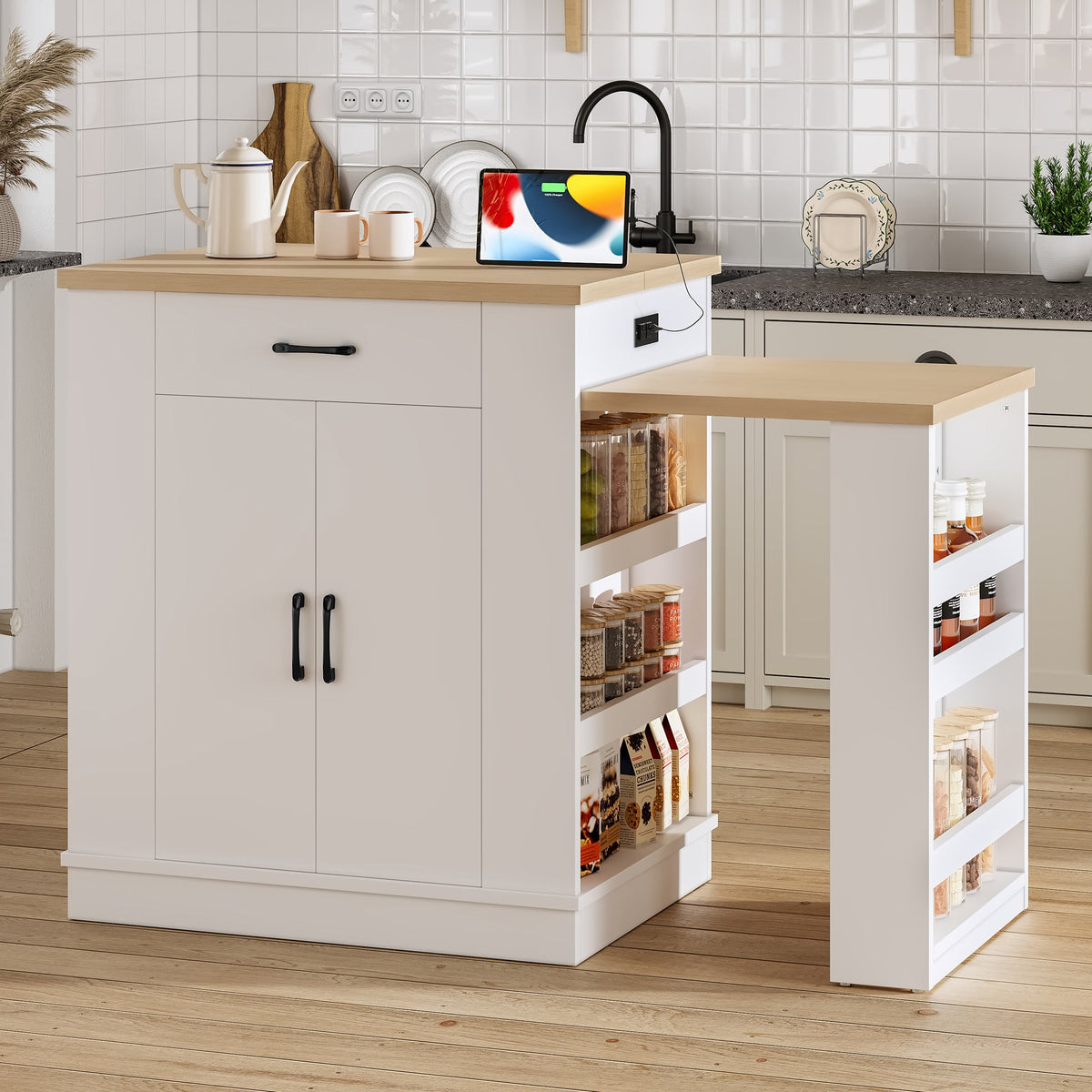 Extendable Island Console with Drawers, Double-Door Cabinet, and Open Shelving, photo 4 of 10