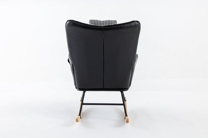 35.5 inch Rocking Chair with Footrest, Soft Houndstooth Fabric Leather Fabric Rocking Chair for Nursery, Comfy Wingback Glider Rocker with Safe Solid Wood Base for Living Room Bedroom Balcony (black)