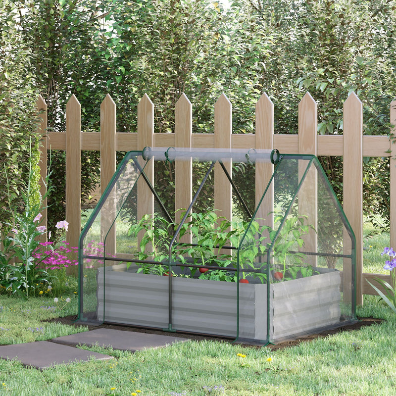 4' x 3' Galvanized Raised Garden Bed with Mini PVC Greenhouse Cover, Outdoor Metal Planter Box with 2 Roll-Up Windows for Growing Flowers, Fruits, Vegetables and Herbs, Clear