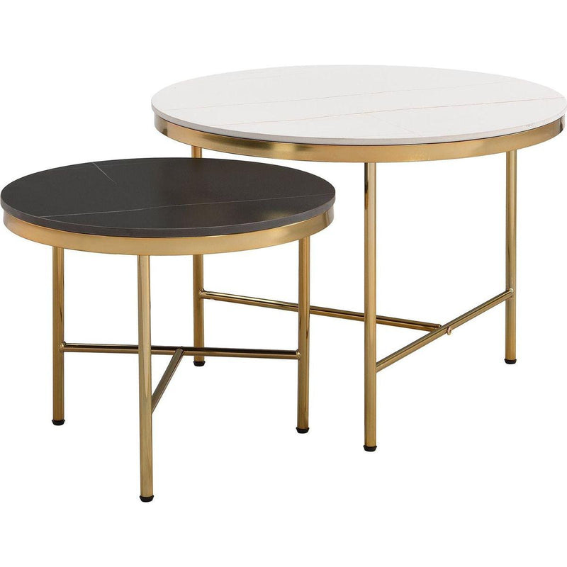 Modern Round Nesting Coffee Table Set 2-Piece Black & White Sintered Stone Top Gold Base in 23.6"&17.7"
