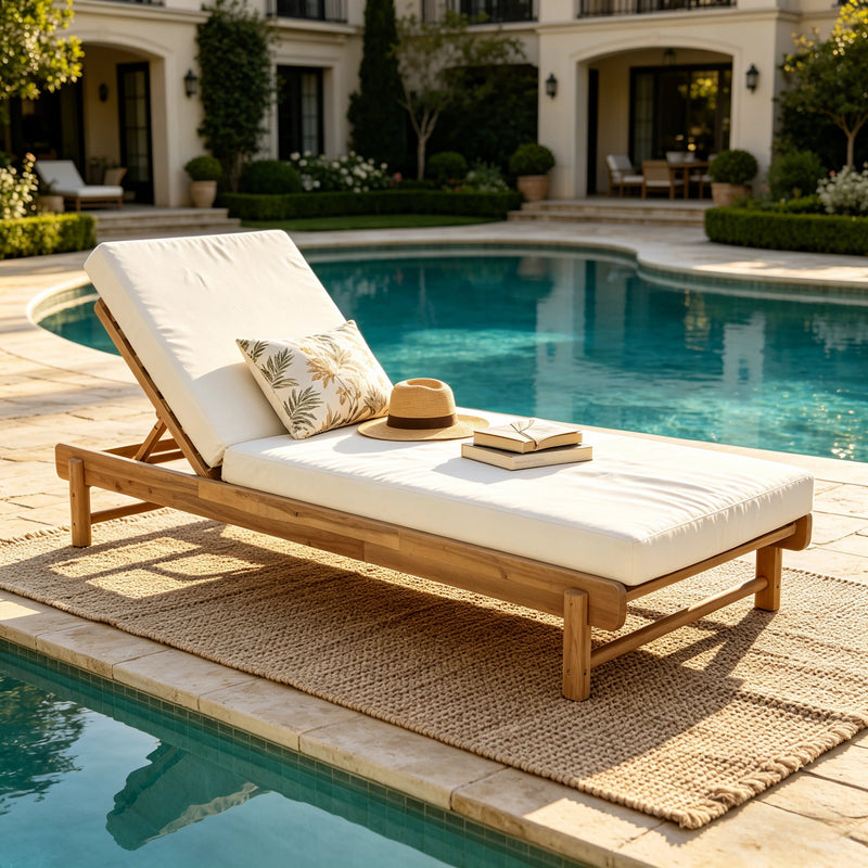 Light Teak Acacia Wood Chaise Lounge Set: 1 Frame + 1 Cushion, photo 4 of 10