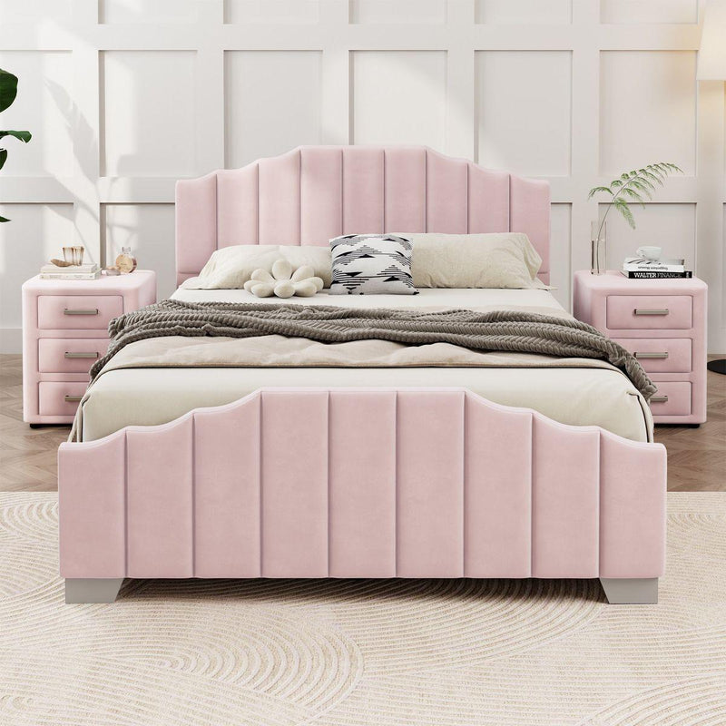 3 Pieces Bedroom Sets Full Size Velvet Upholstered Platform Bed Vertical Channel Tufted Headboard and Two Three-drawer Nightstands,Pink