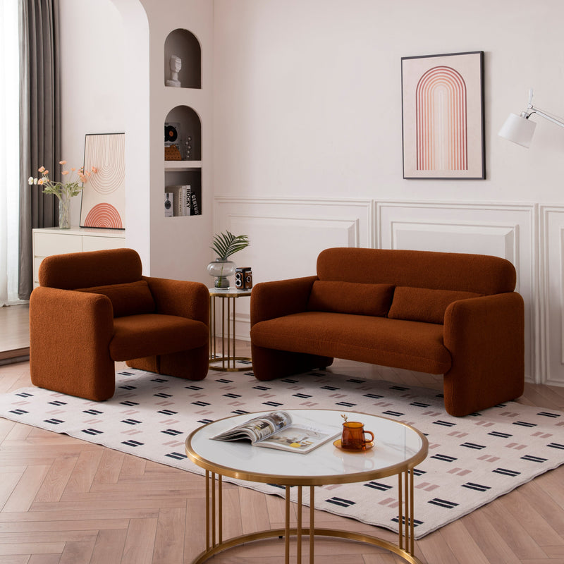 59" Lamb Fleece Fabric Sofa, Modern Loveseat Furniture with Support Pillow for Apartment, Office, Living Room & Bedroom, Tool-Free Assembly.(Dark Orange)