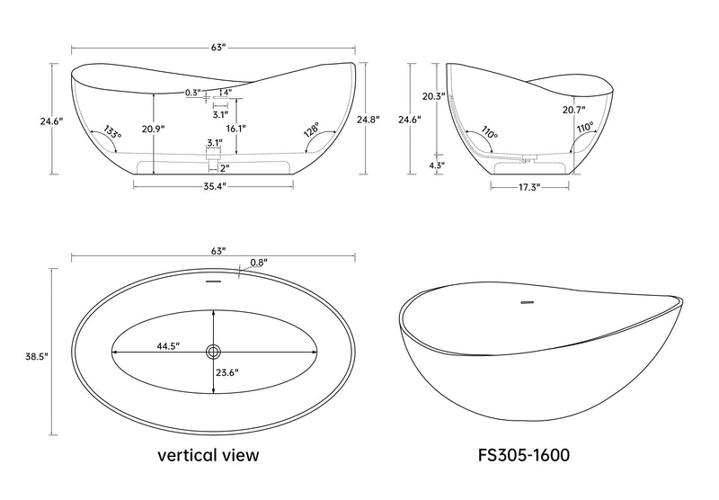 63" Premium Solid Surface Deep Soaking Bathtub, photo 2 of 5
