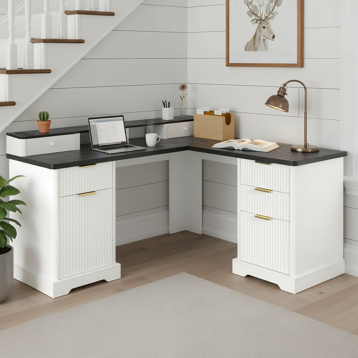 59" Modern Fluted L-Shaped Desk with Charging Station & Storage, photo 2 of 10