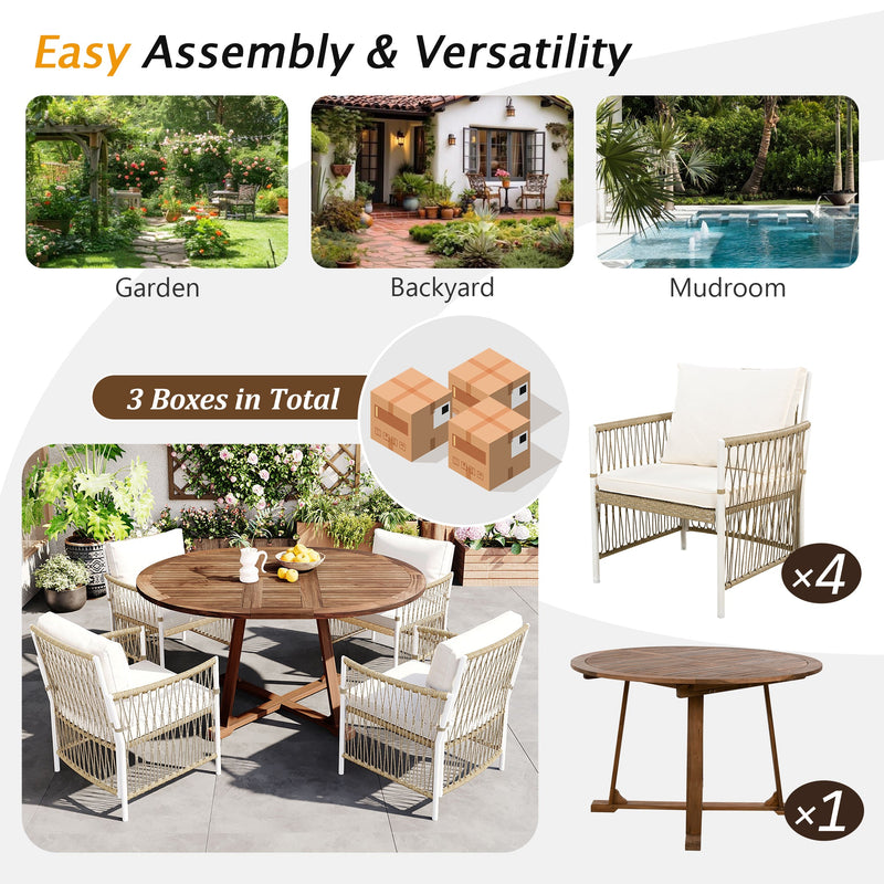 TOPMAX Modern 5-Piece Patio Extendable Wooden Dining Table Set, 12inch Butterfly Leaf Foldable Round Kitchen Table Set with 4 Rattan Arm Chairs for Backyard,Balcony, Garden, Poolside, Natural