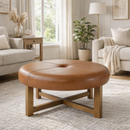 Round Leather Ottoman Coffee Table with Solid Wood Base