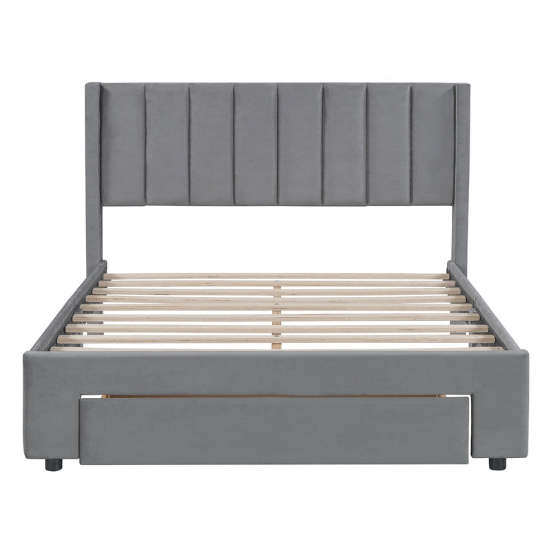 Walker Edison - Full Size Storage Bed Velvet Upholstered Platform Bed with a Big Drawer - Gray