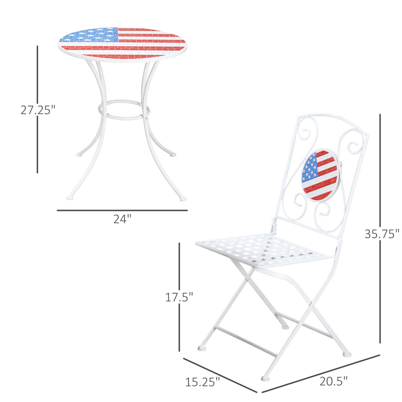 3 Piece Patio Bistro Set, Folding Outdoor Furniture with USA Mosaic Table and Chairs, Portable Metal Frames for 4th of July, Balcony, Backyard, Poolside, Porch, American Flag