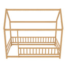 Twin Size Floor Wooden Bed with House Roof Frame, Fence Guardrails