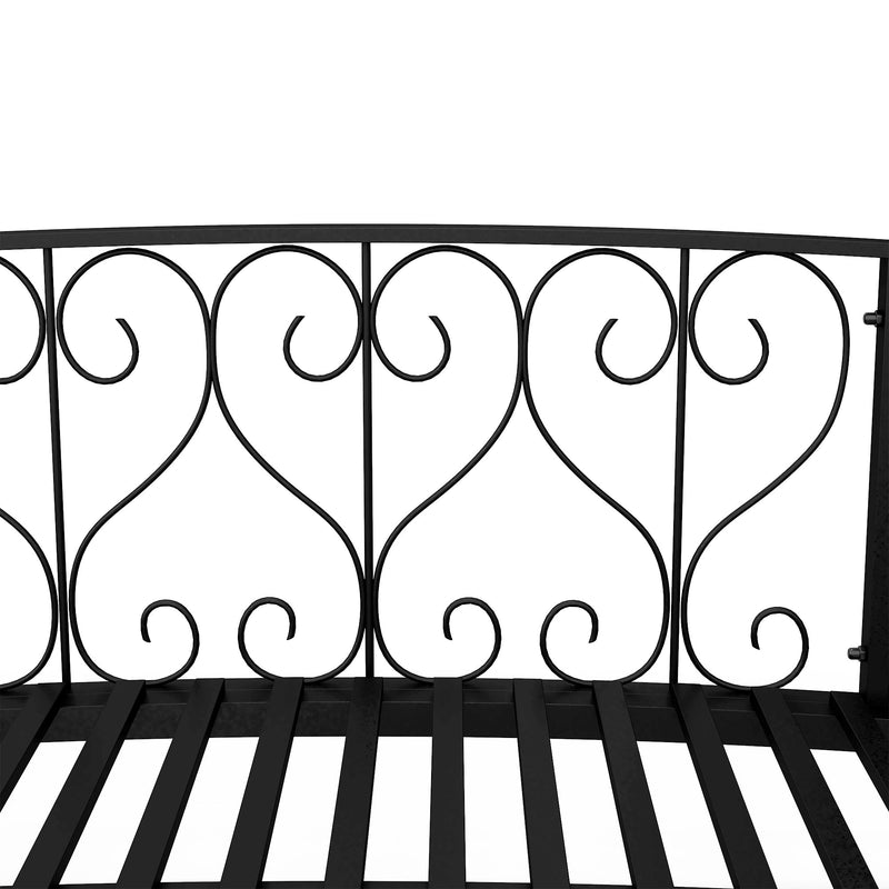7' Metal Arch Garden Bridge with Safety Siderails, Decorative Arc Footbridge with Delicate Scrollwork "S" Motifs for Backyard Creek, Stream, Fish Pond, Black