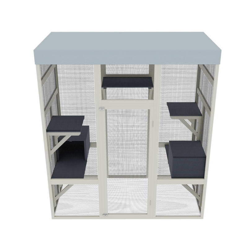 62.6' Gray Wooden Catio Outdoor Pet Enclosure with Waterproof Top, Spacious and Secure Cat House & Small Animal Cage, Black Rust-proof Metal Wire