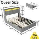 Queen Size Bed Frame With LED Lighting, Winged Headboard With Storage Drawers - Light Gray by Unique Piece Furniture
