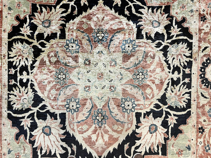 Pak Persian Rug 8x10, Pakistani Mahal Sultanabad Carpet, Signature from Master Weaver, Shiny Wool, Black Red Vintage Handmade Medallion Rug