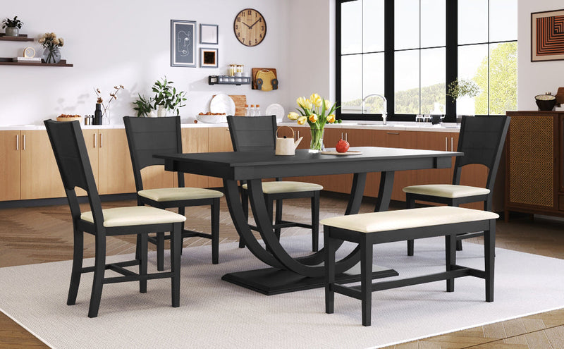 6-Piece Wood Half Round Dining Table Set Kitchen Table Set with Long Bench and 4 Dining Chairs, Modern Style, Gray