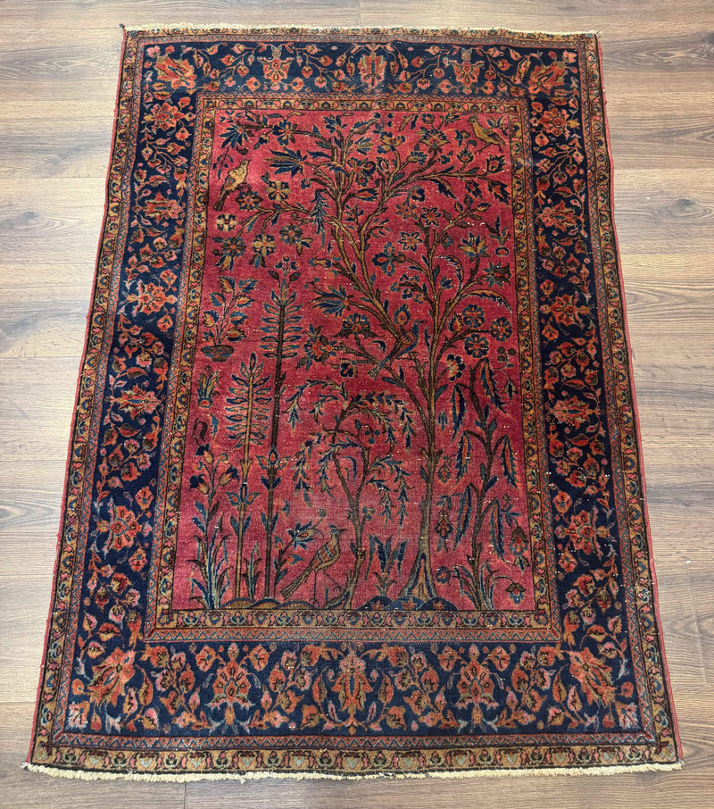 Antique Persian Tree of Life Rug 3x5, Manchester Wool, Bird Pictorials, Fine 240 KPSI, Red Navy Blue