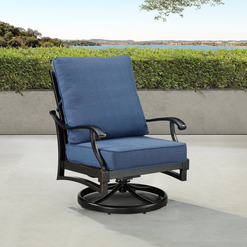 Pair of Black Aluminum Deep Seating Swivel Rocker Club Chairs with Cushions