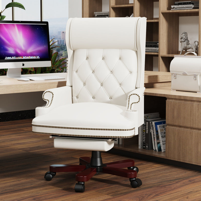 330LBS Executive Office Chair with Footstool, Ergonomic Design High Back Reclining Comfortable Desk Chair - White