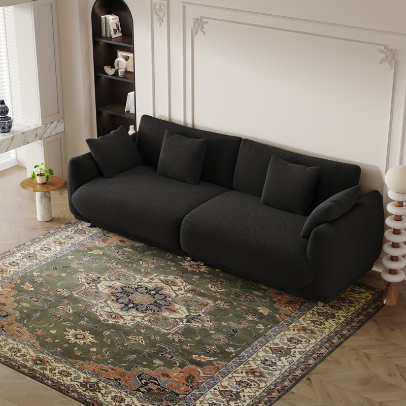 86.6 inch teddy fleece black sofa with four throw pillows hardware feet can be placed in the apartment bedroom to sit comfortably without taking up space