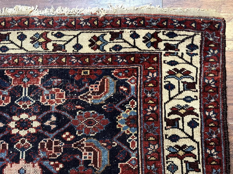 Navy Blue Antique Persian Rug 3x6, Blue and Ivory Persian Carpet, Handmade 1920s Hamadan Rug