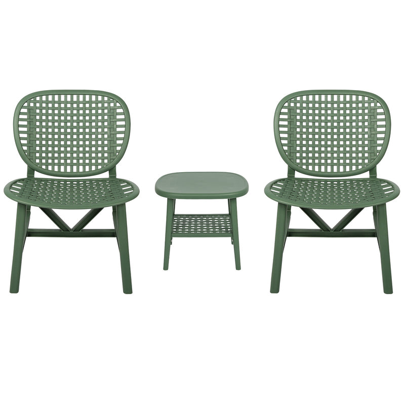 3 Pieces Hollow Design Retro Patio Table Chair Set All Weather Conversation Bistro Set Outdoor Table with Open Shelf and Lounge Chairs with Widened Seat for Balcony Garden Yard Green