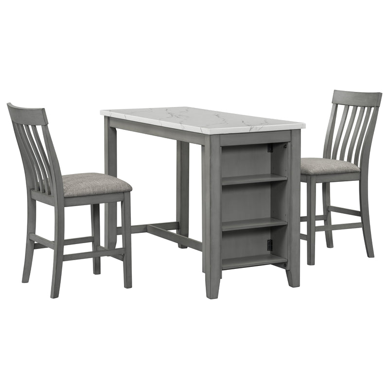3-piece Counter Height Dining Table Set with Built-in Storage Shelves, One Faux Marble Top Dining Table and 2 counter chairs with footrest,Grey