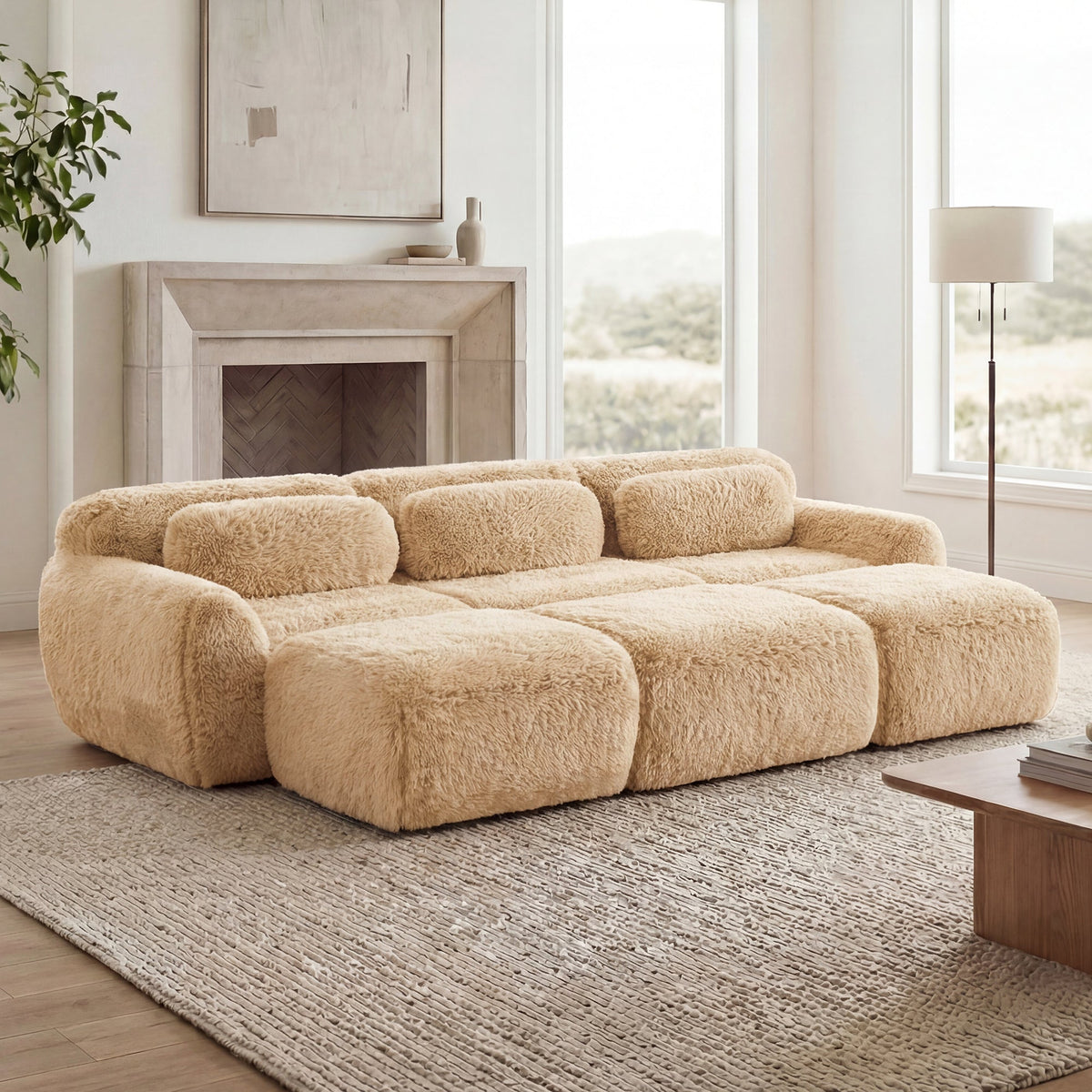 3-Seater Soft Plush Fabric Sofa With Movable Ottoman, photo 3 of 10