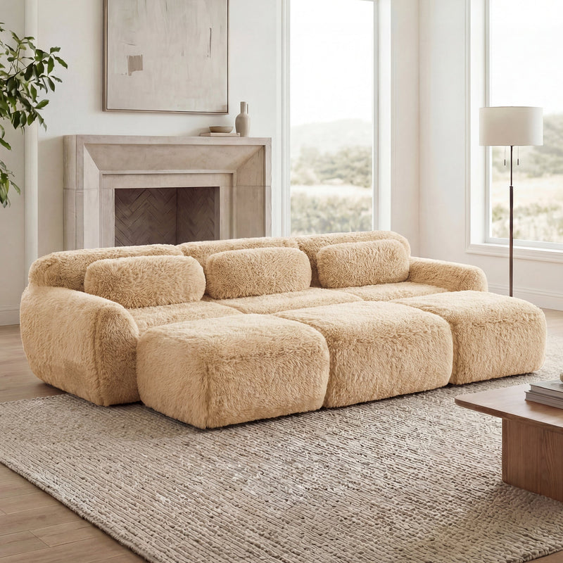 3-Seater Soft Plush Fabric Sofa With Movable Ottoman, photo 3 of 10